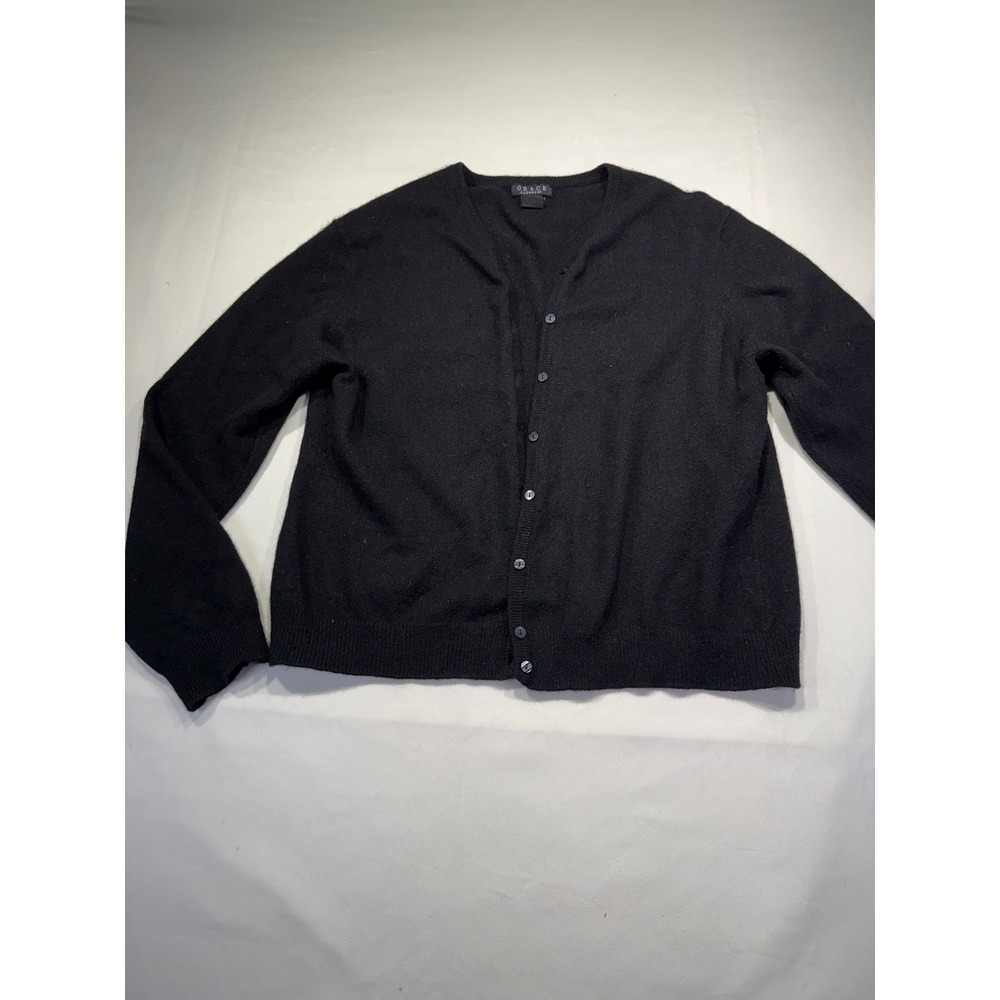 Grace 100% Pure Cashmere Black V-Neck Button Front Cardigan Sweater Large